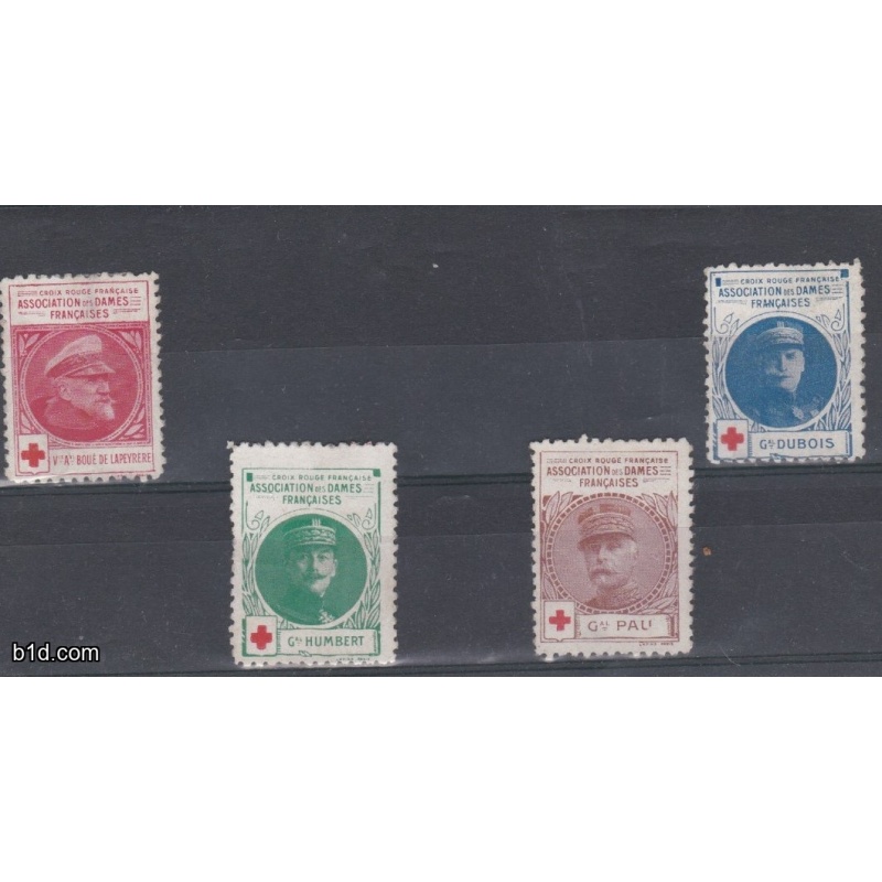 RARE SET OF FOUR  FRANCE WW1 RED CROSS ASSOCIATION DES DAMES FRANCAISES POSTAGE LABELS UNUSED