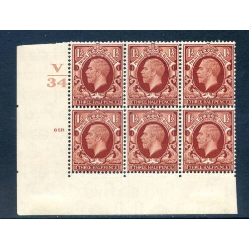 GB 1 1 2d Red Brown Photogravure SG441 V34 Cyl 68R Block 6 mounted Mint