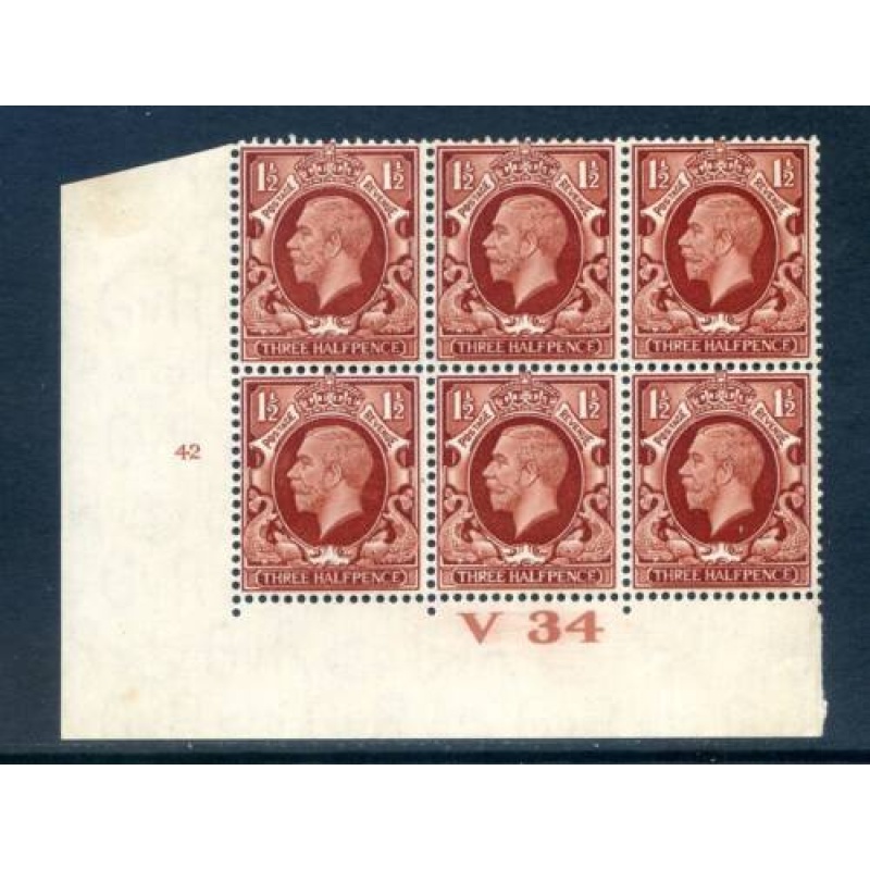 GB 1 1 2d Red Brown Photogravure SG441 V34 Cyl 42 No Dot Block 6 mounted Mint