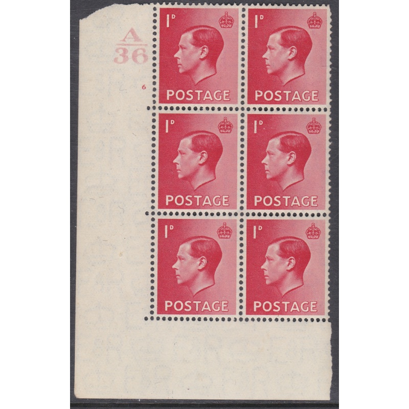 1d Edward VIII A36 Cylinder Block - 6 No Dot UNMOUNTED MINT