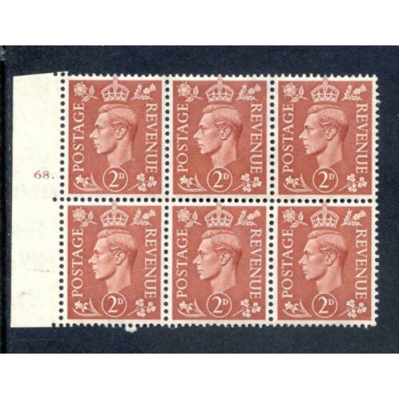 GB 2d Pale Red Brown SG506 Cylinder 68 Dot Unmounted Mint Block 6