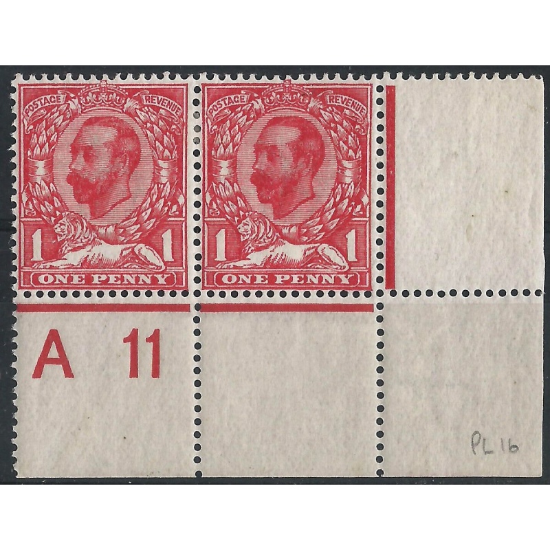 GB - Sg 329 - 1d. Carmin Variety Scratch under lions chin on A 11 Control Pair M