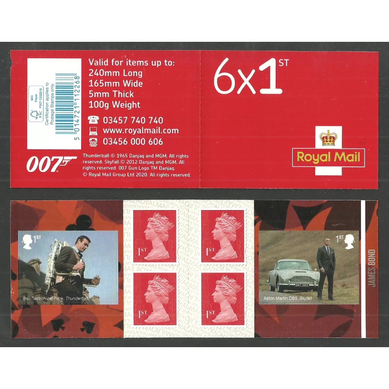 PM72 2020 James Bond 6 x 1st class stamps self adhesive booklet - No Cyl - U M