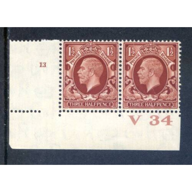 KGV 1 1 2d Red Brown SG441 Cylinder 13No Dot V34 Unmounted Mint Pair