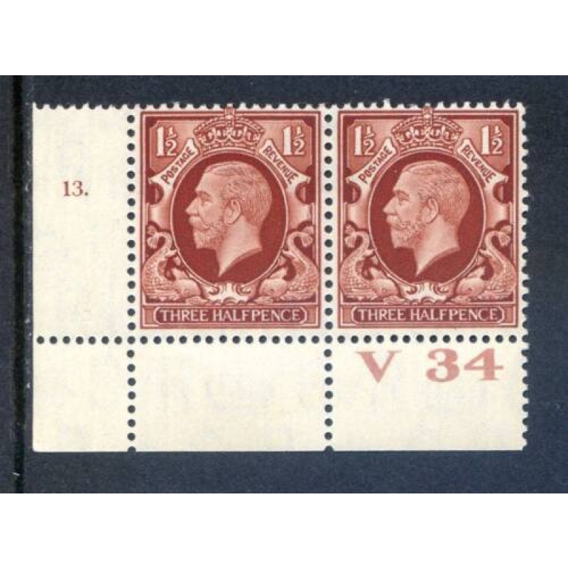 KGV 1 1 2d Red Brown SG441 Cylinder 13 Dot V34 mounted Mint Pair