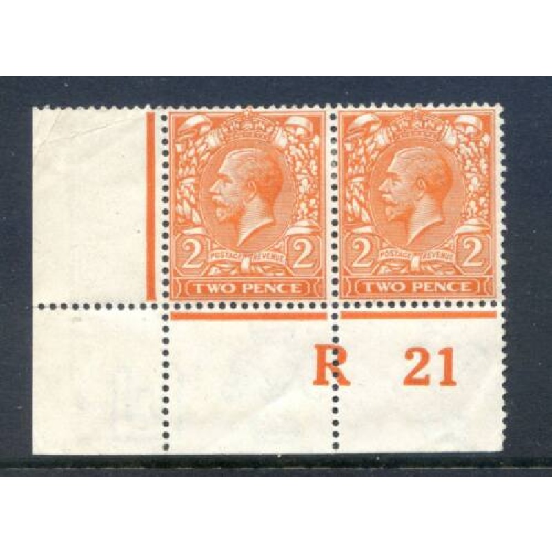 KGV 2d Orange R21(P) Mounted Mint Corner Marginal Control Pair