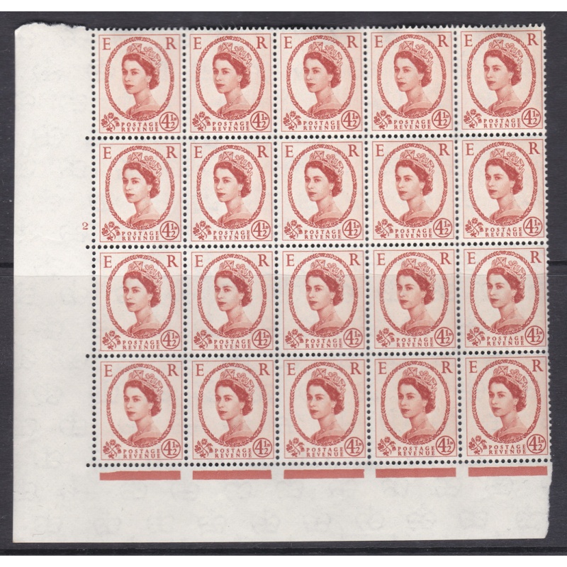 4d Wilding Multi Crown on Cream Cyl 2 Dot perf A(E I) blck of 20 UNMOUNTED MINT