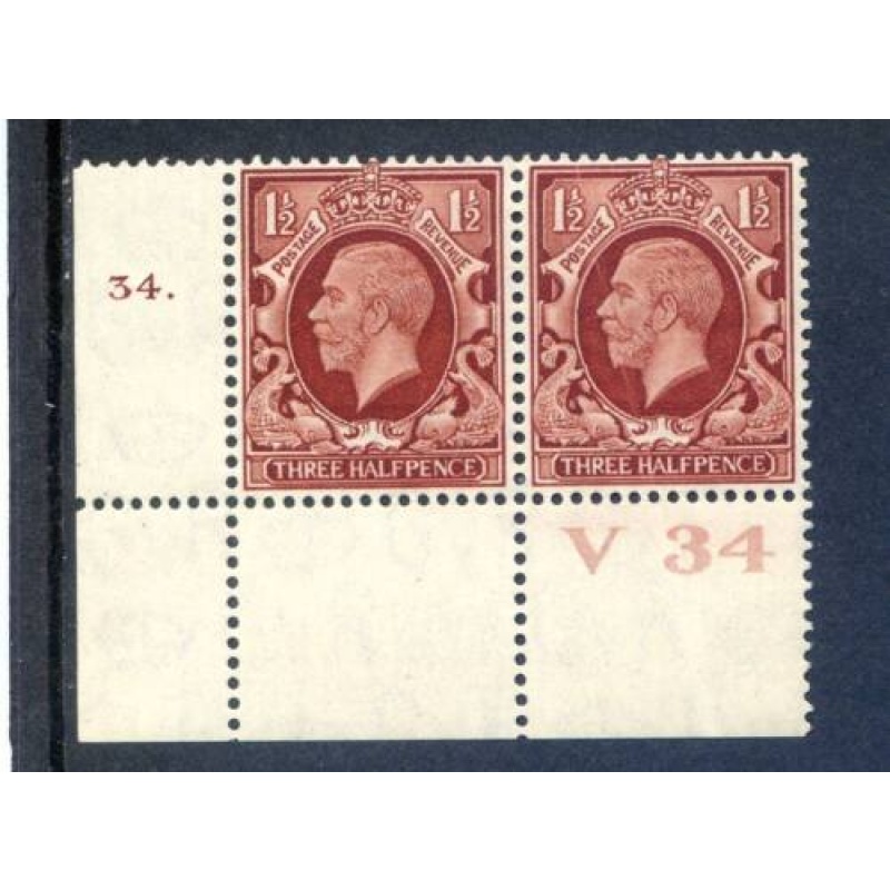 KGV 1 1 2d Red Brown SG441 Cylinder 34 Dot V34 mounted Mint Pair