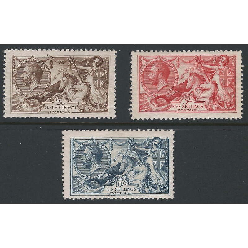 KGV - Sg 413a + Seahorse Set of 3 to 10  shillings MM