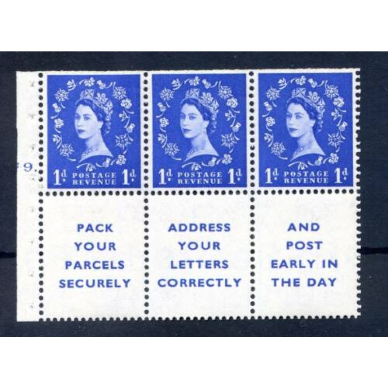 QE2 1d Ultramarine Booklet Pane SGSB29 Mounted Mint Cyl F9.