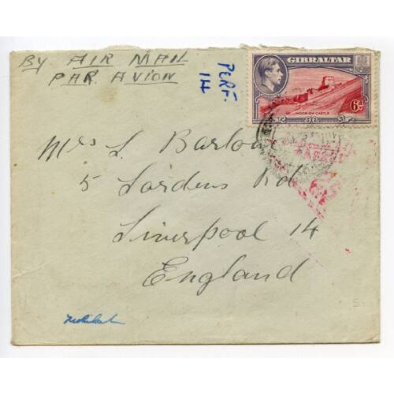 Gibraltar SG126 6d on cover to Liverpool Air Mail