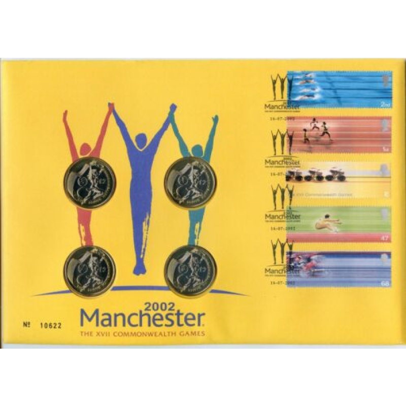 2002 Commonwealth Games FDC with 4 x 2 Coins - Manchester