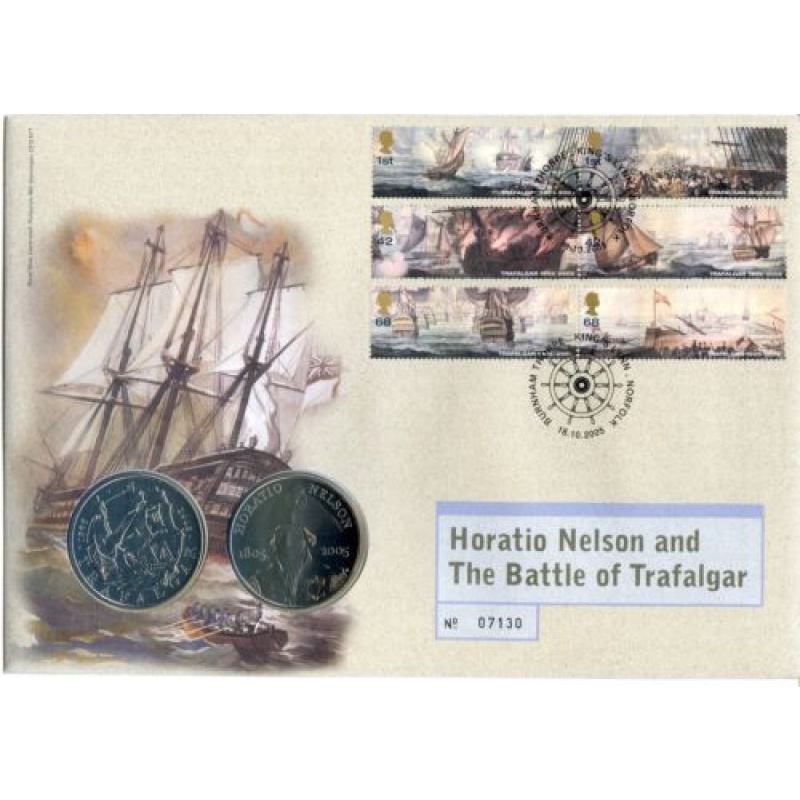 GB QEII PNC Coin Cover 2005 Battle Of Trafalgar Nelson 5 Coin X2 B UNC