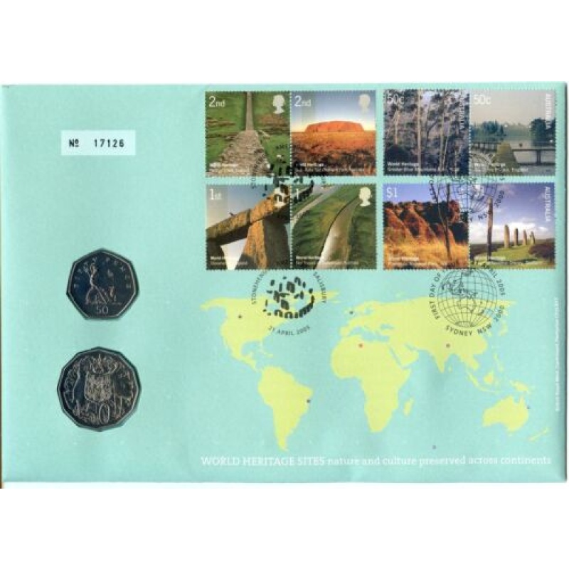 2005 GB Australia World Heritage Sites 50p  50c Coin FDC Stonehenge  S