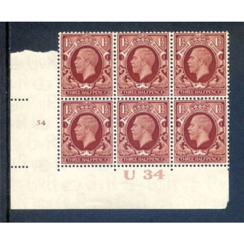 KGV 1 1 2d Red Brown SG441 Cylinder 34 No Dot U34 Unmounted Mint Block 6