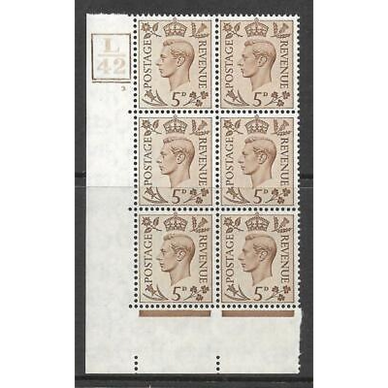 1938 5d Brown L42 5Bars cyl 3 Dot perf 5(E I) block 6 UNMOUNTED MINT