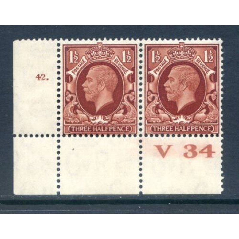 GB 1 1 2d Red Brown Photogravure SG441 V34 Cyl 42 Dot Pair mounted Mint