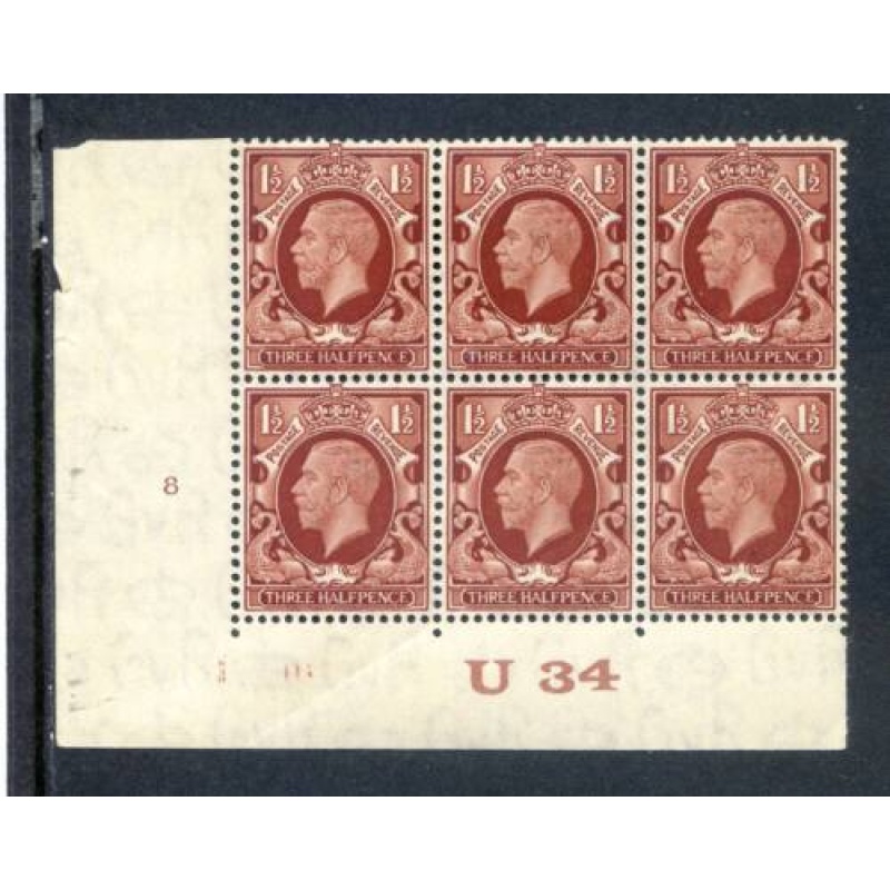 KGV 1 1 2d Red Brown SG441 Cylinder 8 No Dot U34 mounted Mint Block 6