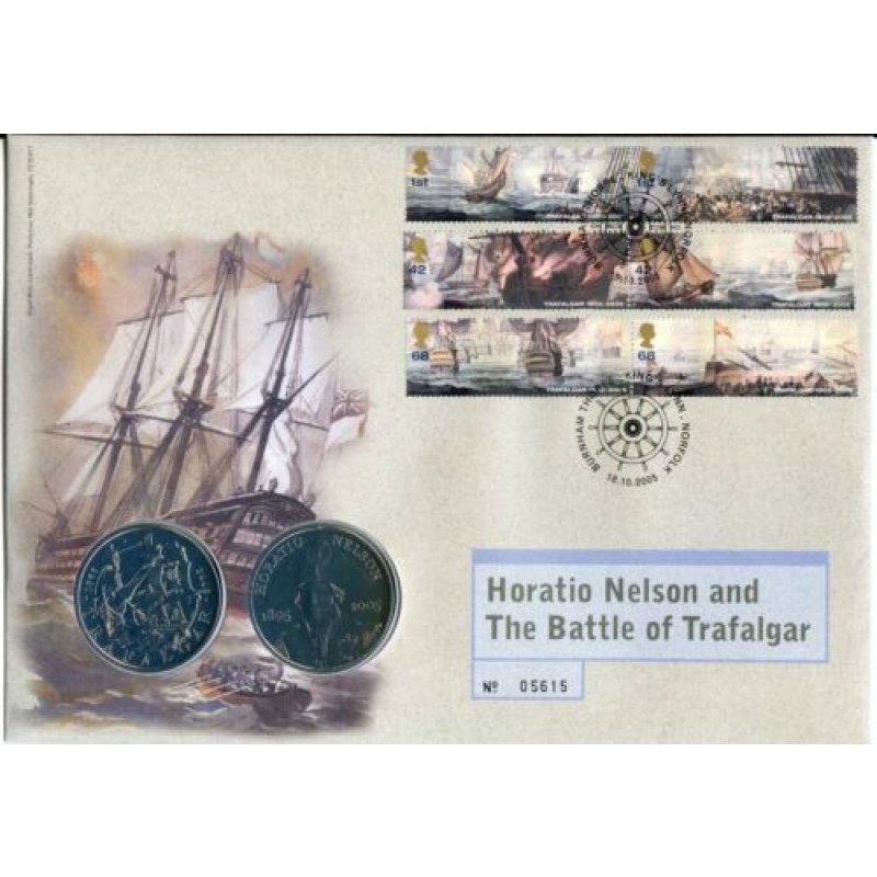 GB QEII PNC Coin Cover 2005 Battle Of Trafalgar Nelson 5 Coin X2 B UNC