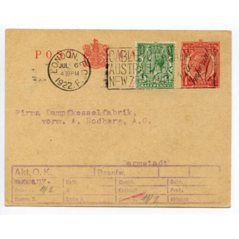 GB 1922 Uprated 1d Postal Stationery Postcard from London to Darmstadt