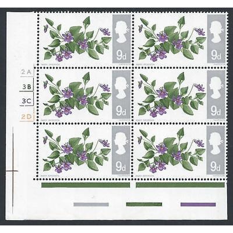 1967 Wild Flowers 9d (Phos) Listed Flaw - Notch in Leaf Cyl Block UNMOUNTED MINT