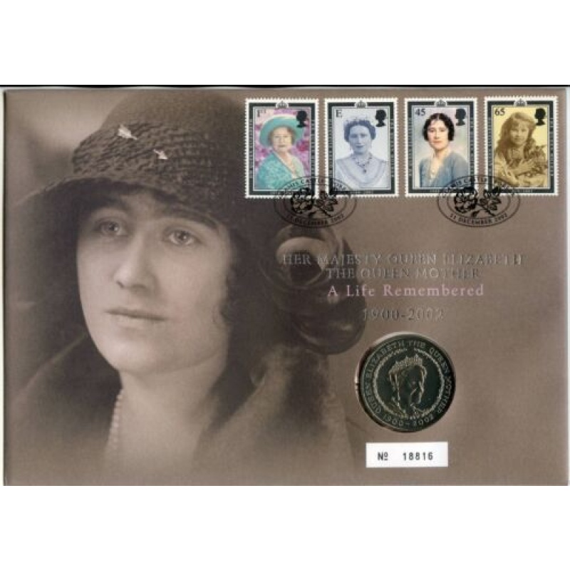 GB Royal Mint Queen Mother Remembered 5 coin and stamp cover