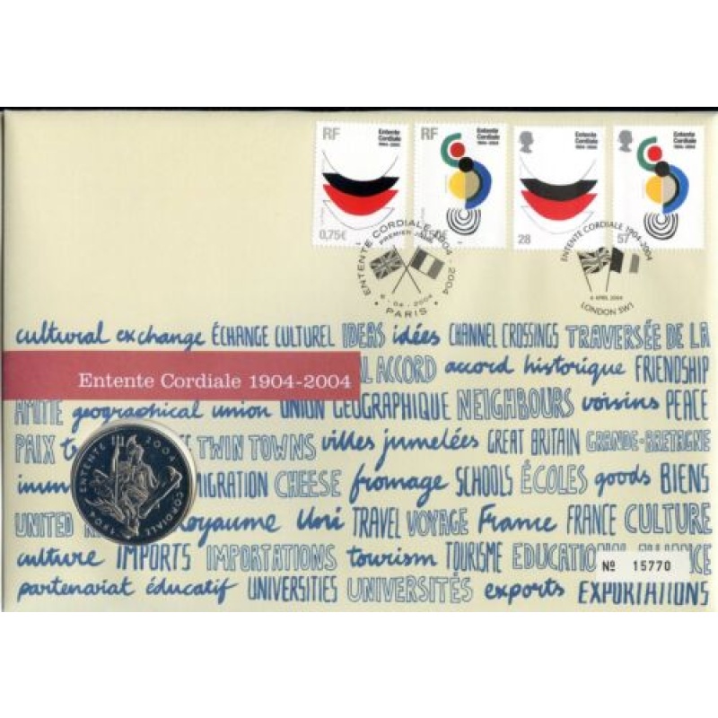 GB Royal Mint Entente Cordiale 100 years 5 coin and stamp cover