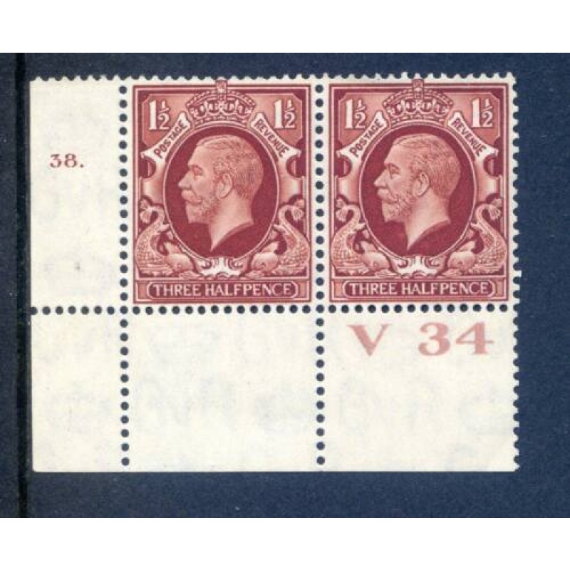 KGV 1 1 2d Red Brown SG441 Cylinder 38 Dot V34 Mounted Mint Pair