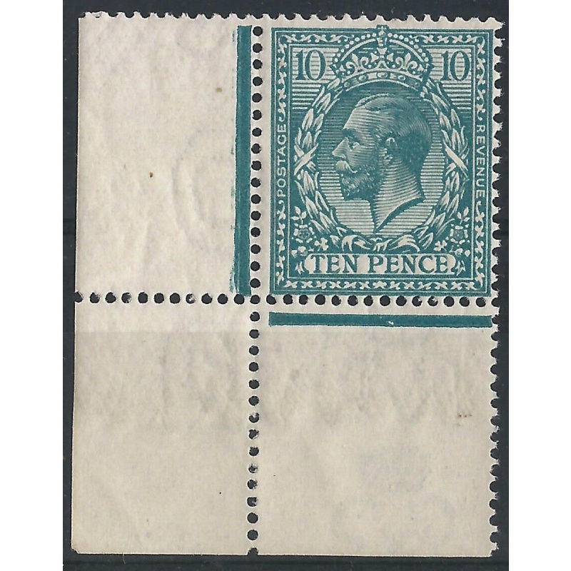 KGV - N31 -3- Sg 394a 10d Deep Turquoise Blue corner marginal MM   MNH