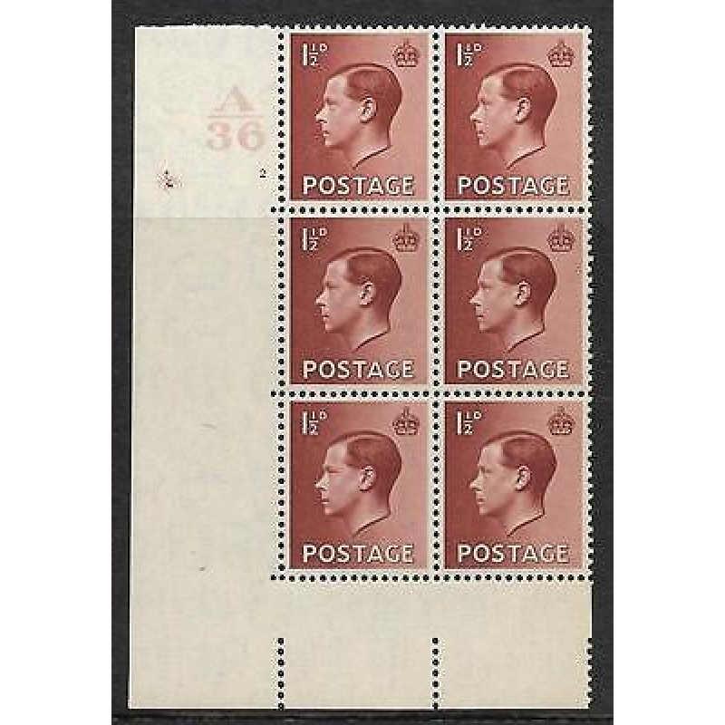 Sg 459c 1d Edward VIII A 36 Cylinder Block - 2 No Dot UNMOUNTED MINT