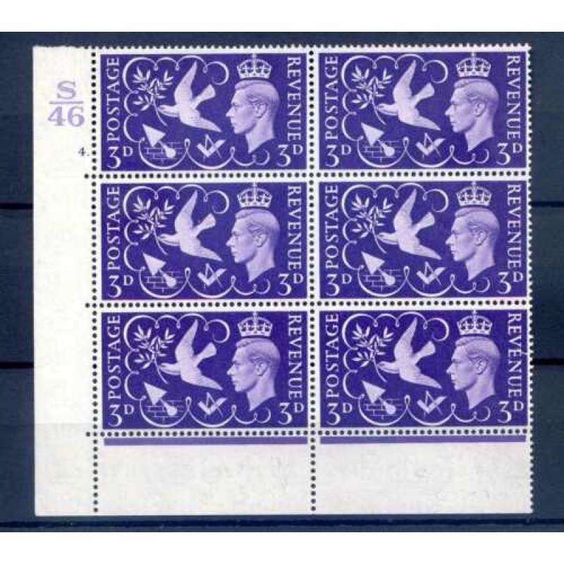 SG492 1946 3d Victory Cylinder 4 Dot E P Unmounted Mint Block 6