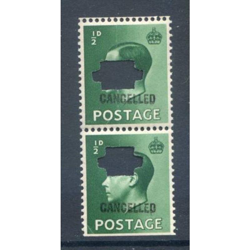 KEV111 1 2d Green Punched and Cancelled Pair mounted Mint