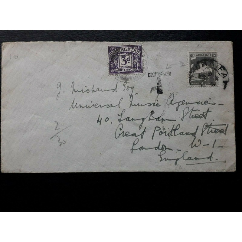 PALESTINE COVER HAIFA TO LONDON TAXED 3D POSTAGE DUE