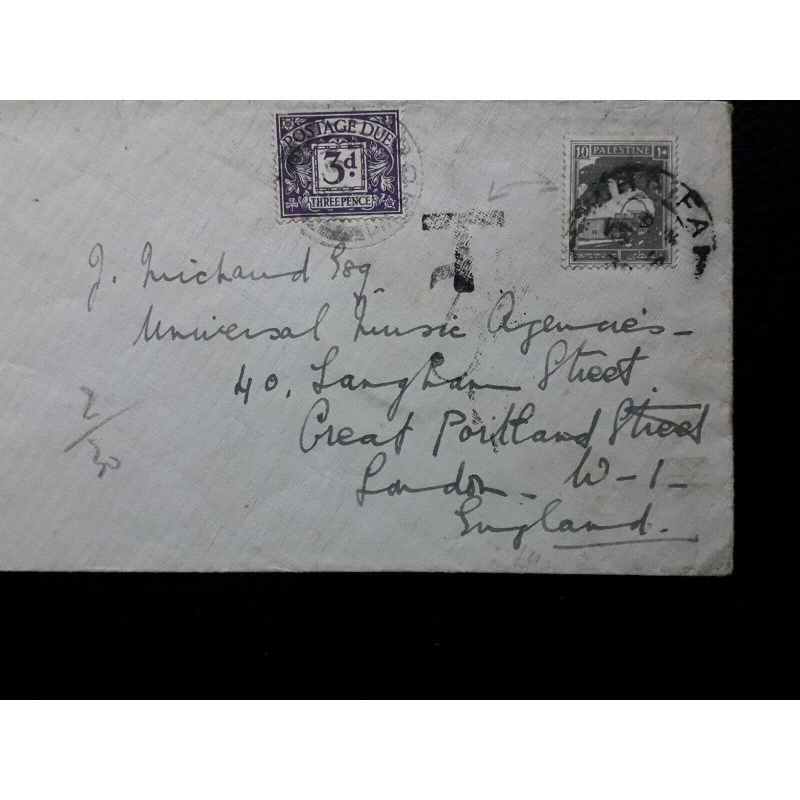 PALESTINE COVER HAIFA TO LONDON TAXED 3D POSTAGE DUE