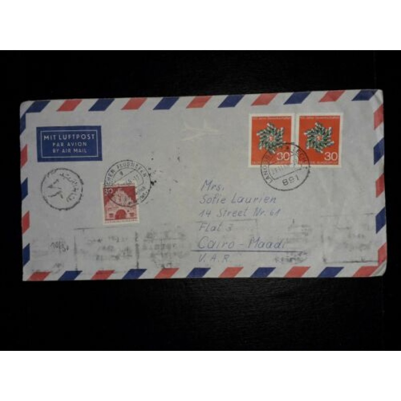 GERMANY TO EGYPT AIRMAIL COVER 1968 LANDSBERG POSTMARKS