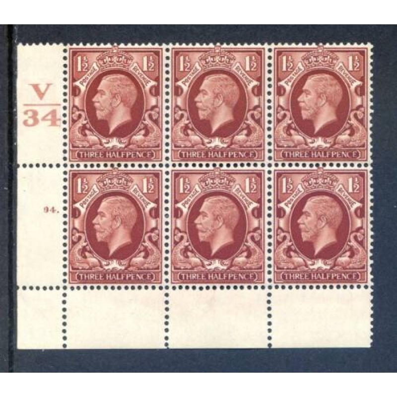 KGV 1 1 2d Red Brown SG441 Cylinder 94 Dot V34 Unmounted Mint Block 6