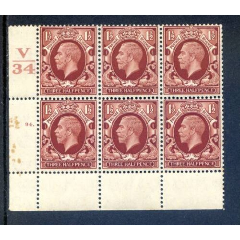 KGV 1 1 2d Red Brown SG441 Cylinder 94 Dot V34 Unmounted Mint Block 6 (stains)