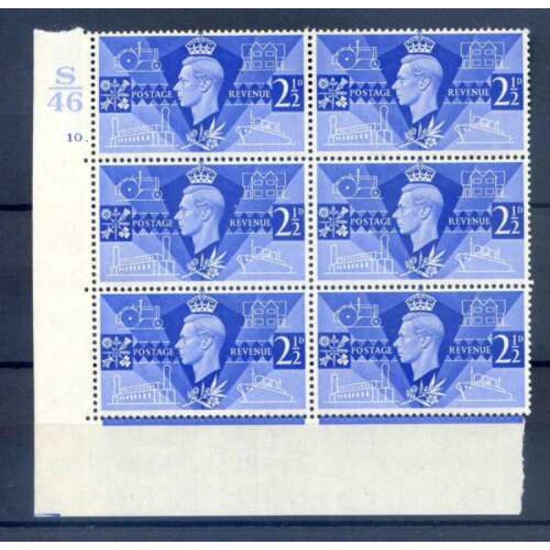 SG491 1946 2 1 2d Victory Cylinder 10 Dot Unmounted Mint Block 6