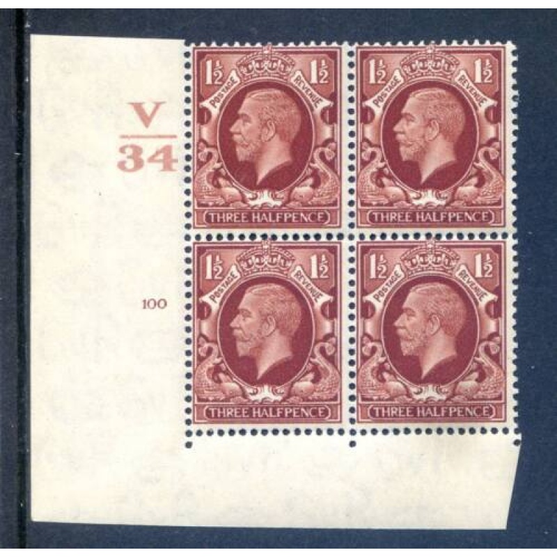 KGV 1 1 2d Red Brown SG441 Cylinder 100 No Dot V34 Unmounted Mint Block 4