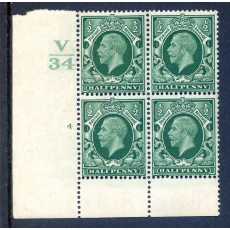 KGV 1 2d Green SG439 Cylinder 4 No Dot V34 Unmounted Mint Block 4