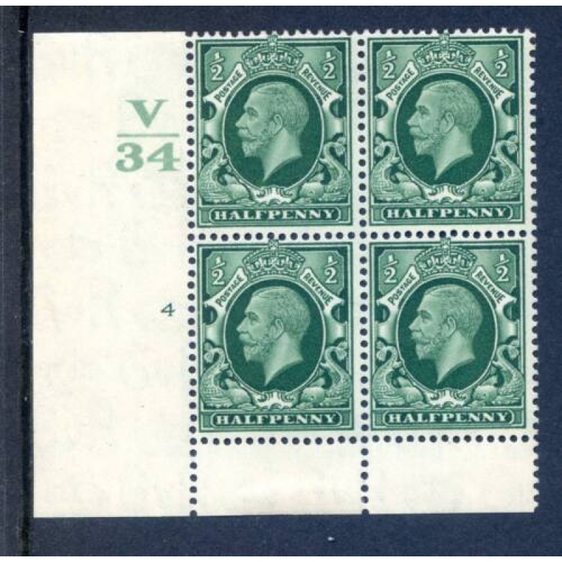 KGV 1 2d Green SG439 Cylinder 4 No Dot V34 mounted Mint Block 4