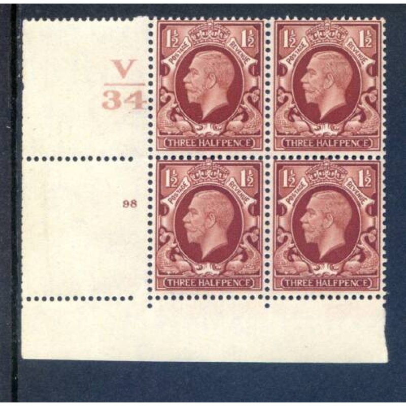 KGV 1 1 2d Red Brown SG441 Cylinder 98 No Dot V34 Perf Unmounted Mint Block 4