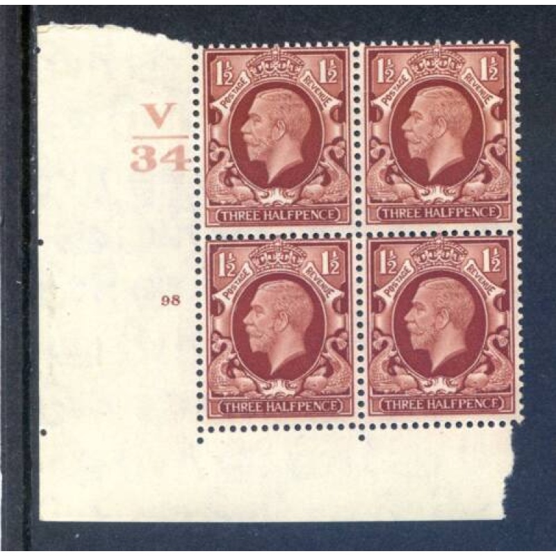 KGV 1 1 2d Red Brown SG441 Cylinder 98 No Dot V34 Unmounted Mint Block 4