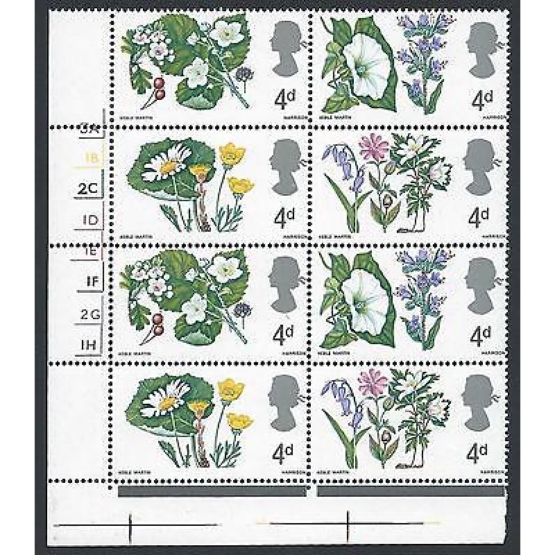 1967 British Wild Flowers 4d (Ord) Cylinder Block - MNH