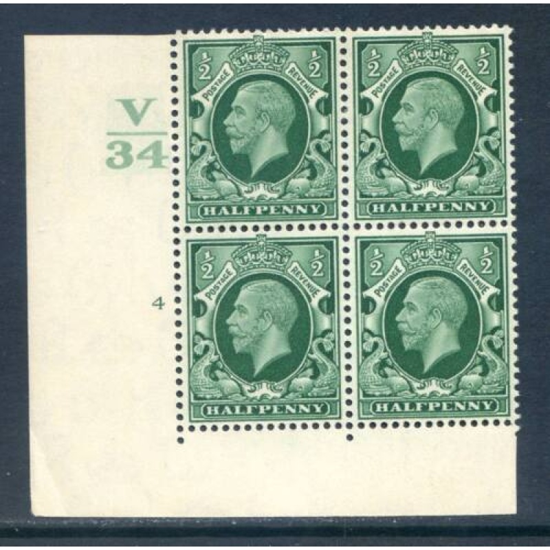 GB 1 2d Green Photogravure SG439 V34 Cyl 4 No Dot Block 4 Mounted Mint