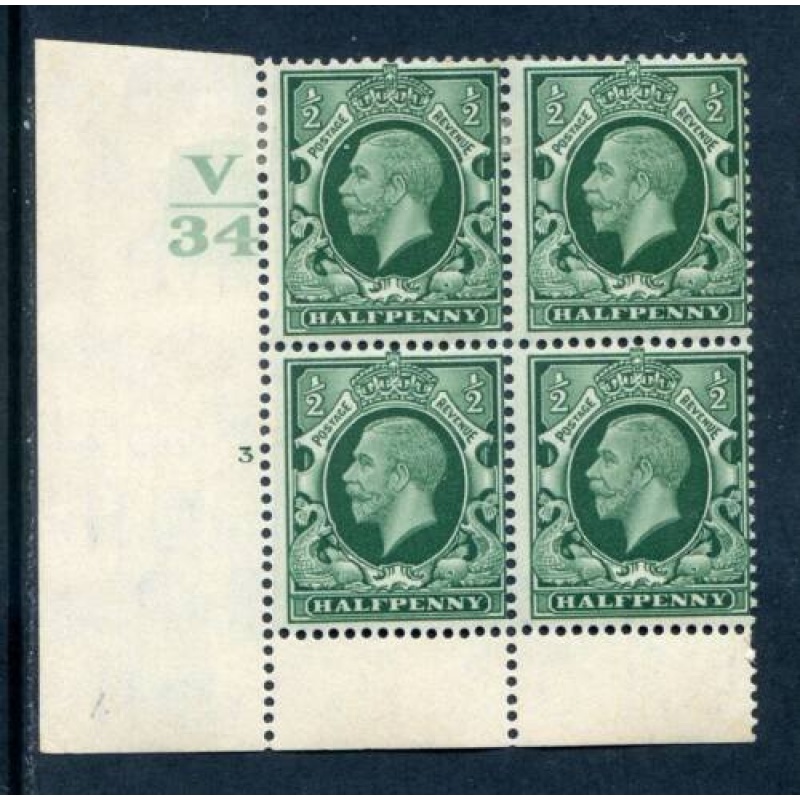 GB 1 2d Green Photogravure SG439 V34 Cyl 3 No Dot Block 4 Mounted Mint