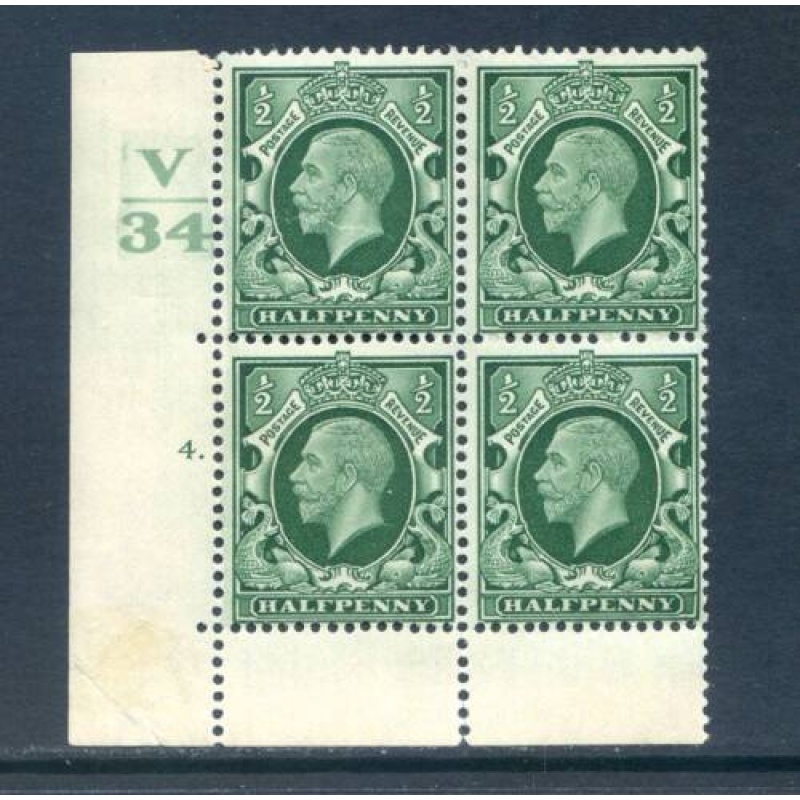 GB 1 2d Green Photogravure SG439 V34 Cyl 4 Dot Block 4 Mounted Mint