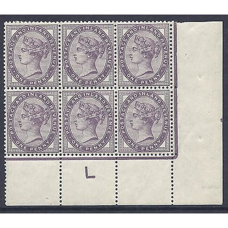 1d lilac control L perf superb corner marginal block of 6 MOUNTED MINT