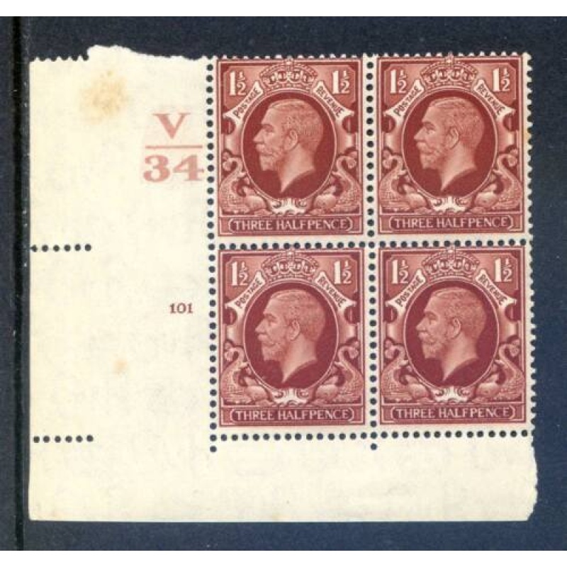 KGV 1 1 2d Red Brown SG441 Cylinder 101 No Dot V34 Unmounted Mint Block 4