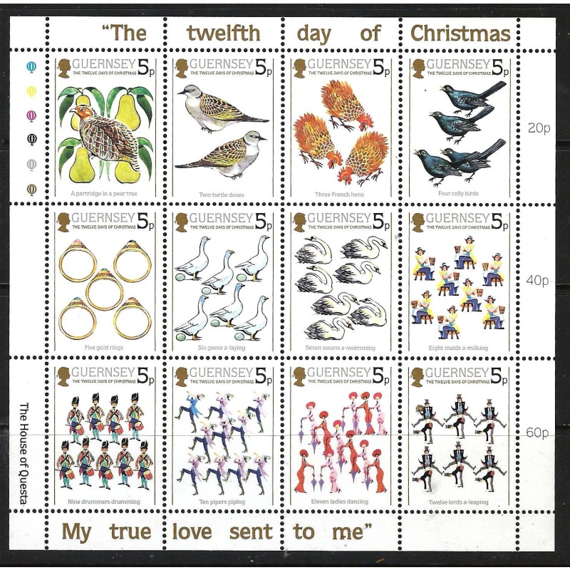 Guernsey Sg316-327 full set mini sheet 1984 Xmas The Twelve Days of Christmas